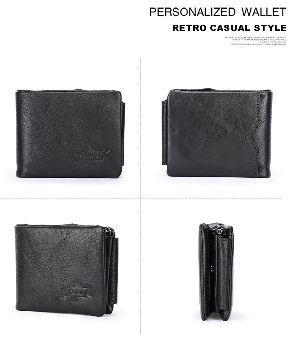 Men's black Crazy Horse leather wallet with zip coin pocket