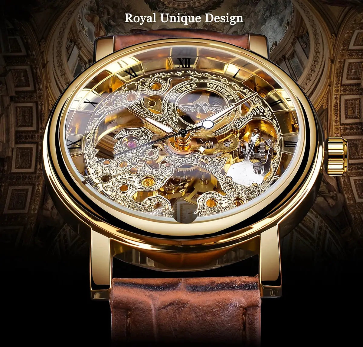 Winner Transparent Skeleton Mechanical Watch With Leather Strap See Through Dial Luxury Casual Timepiece