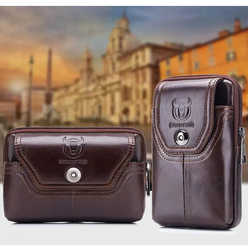 Leather belt waist bag and phone pouch set, brown leather by BULLCAPTAIN (2-piece).