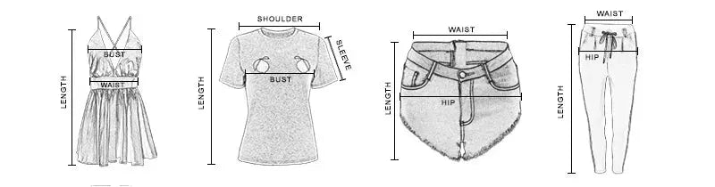 Size guide for women's garments showing dress, T-shirt, shorts, and jeans with bust, waist, and length measurements