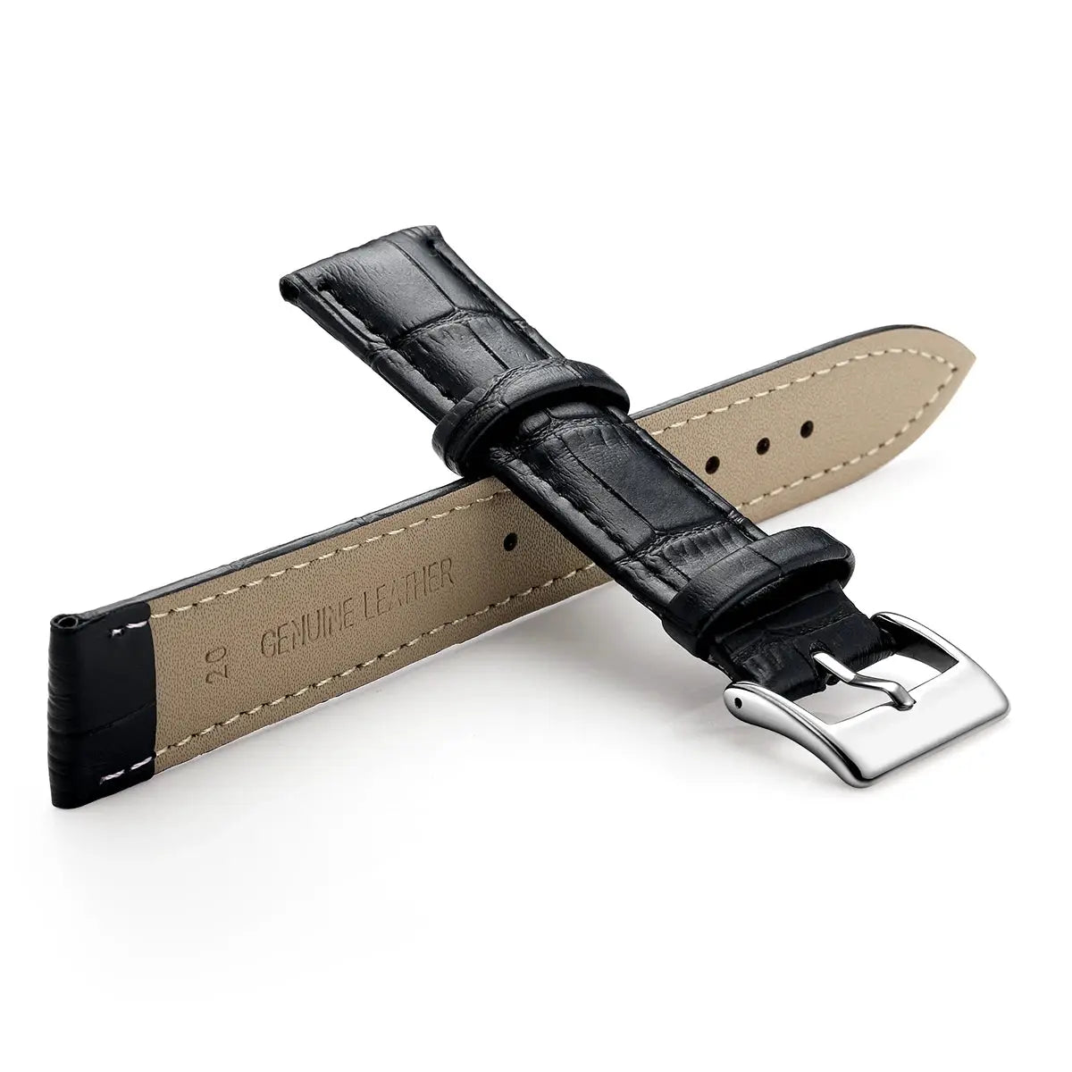 Leather watch band, black exterior with beige lining, genuine leather, silver buckle
