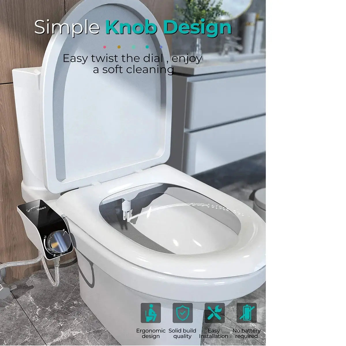 Simples Market bidet toilet seat attachment with non-electric dual nozzles and external control knob, white