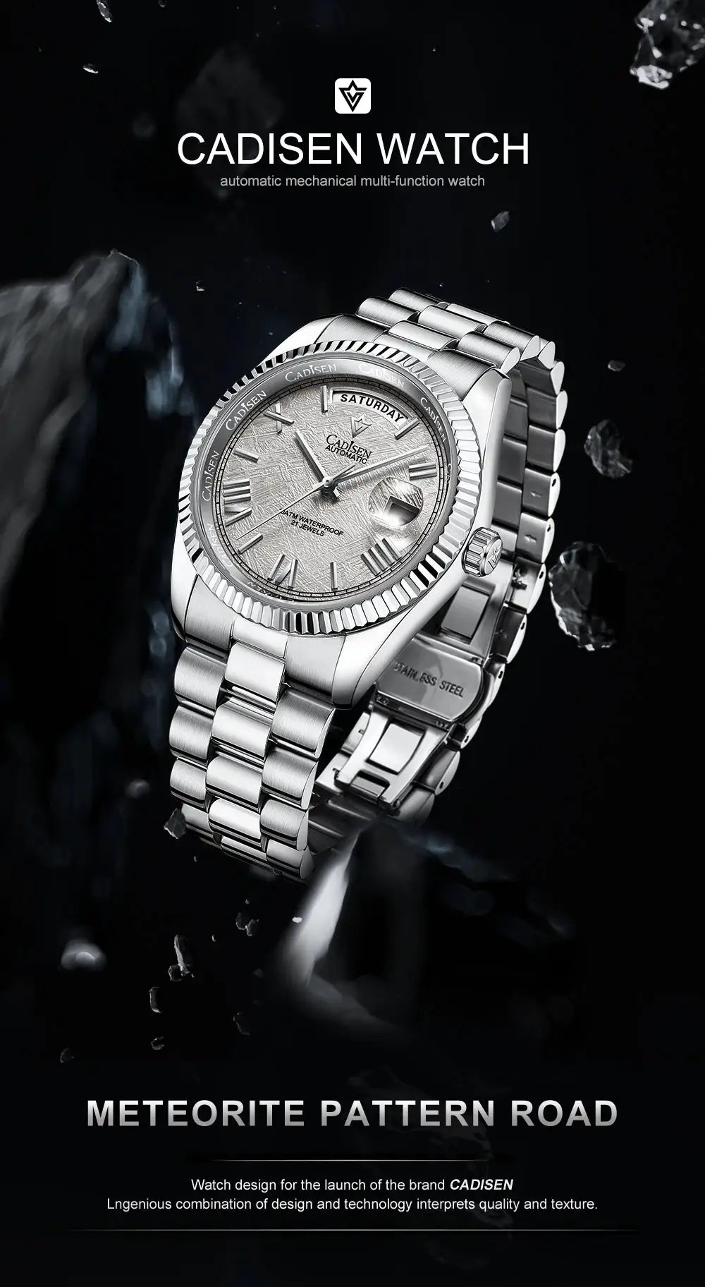 CADISEN men's stainless steel automatic watch with meteorite dial