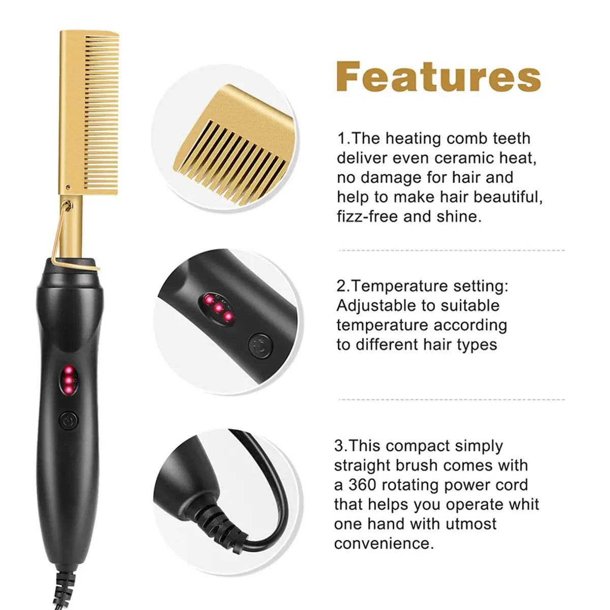 2-in-1 hot comb hair straightener with gold-tone comb head and black handle; 360° rotating power cord