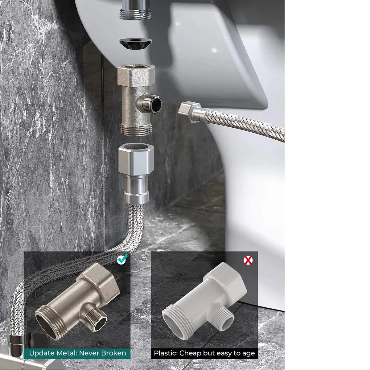 Simples Market bidet attachment with dual nozzles and braided metal hose, metal valve; plastic option shown.