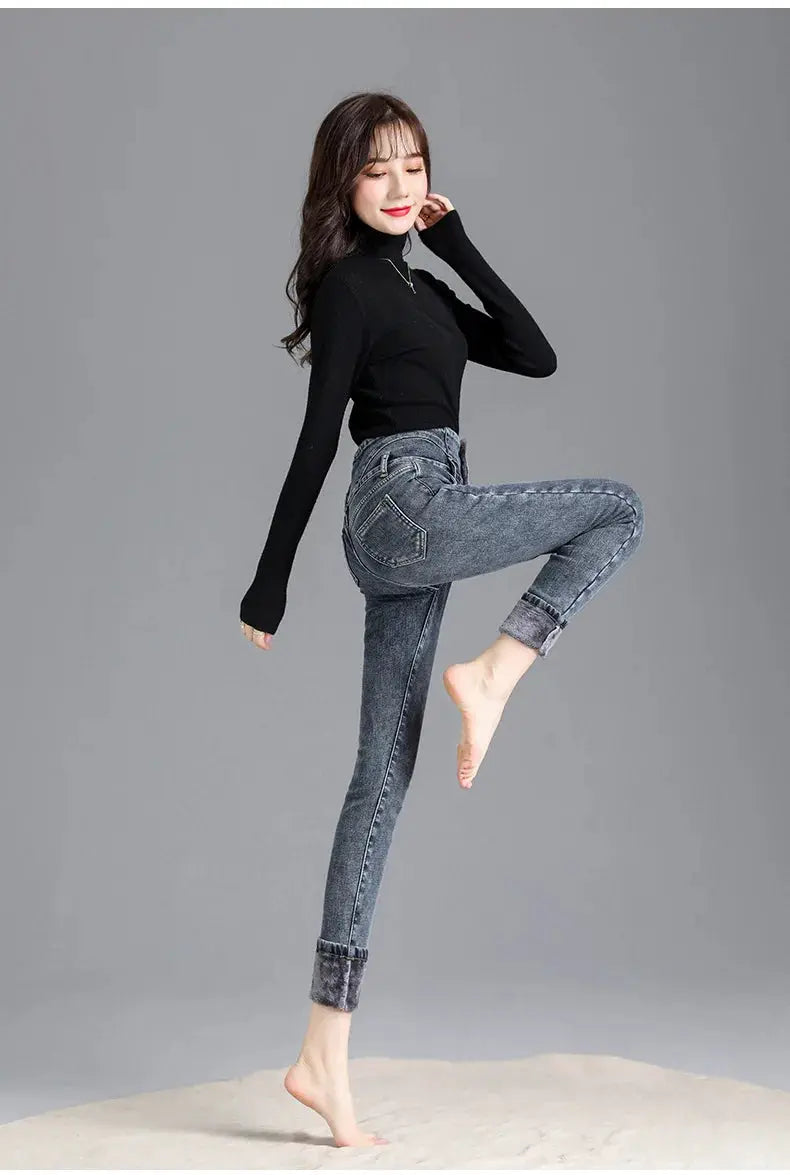 Thermal Winter Thick Fleece High Waist Stretch Skinny Jeans For Women