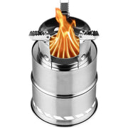 Stainless steel portable wood-burning camping stove with fold-out pot supports.