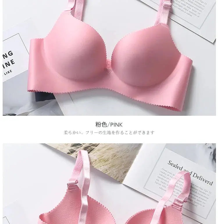 Pink seamless push-up bra by Simples Market with wireless plunge and adjustable straps