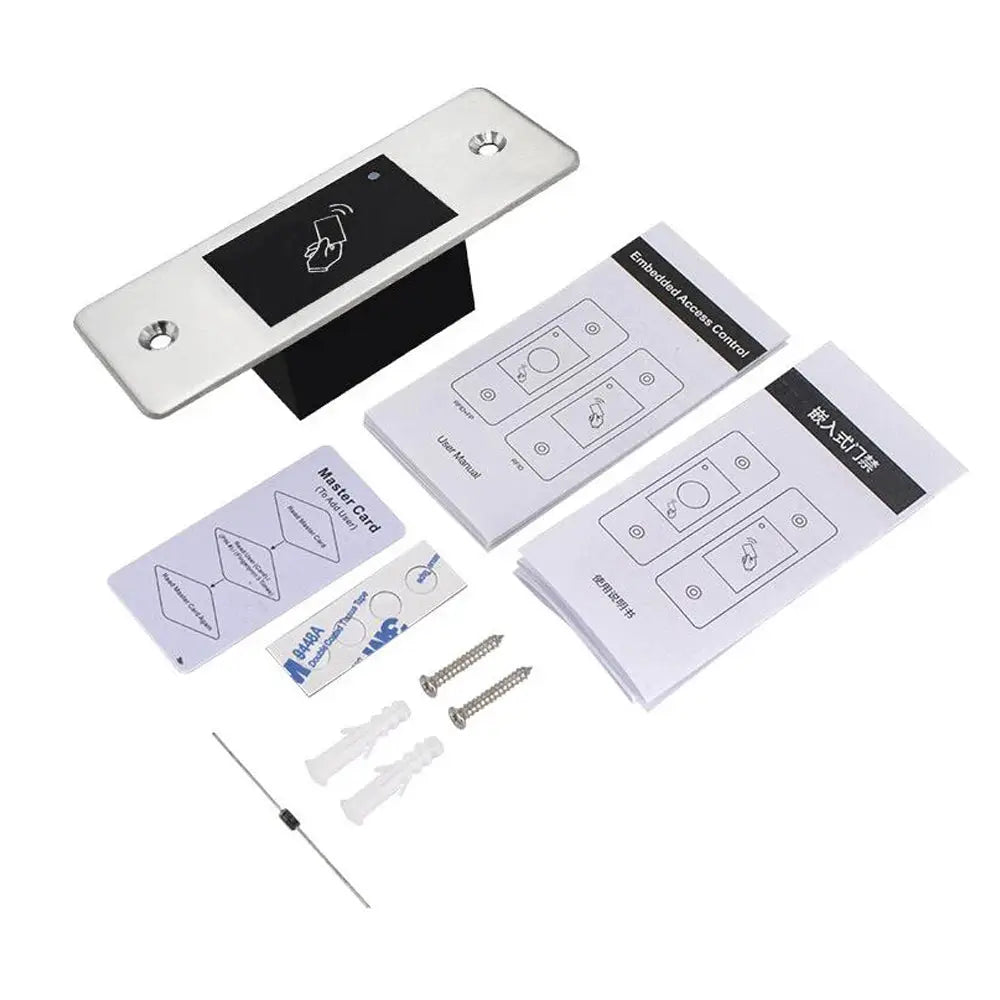 Simples Market RFID reader keyless door opener kit, metal mounting plate with card icon; includes two screws and manuals