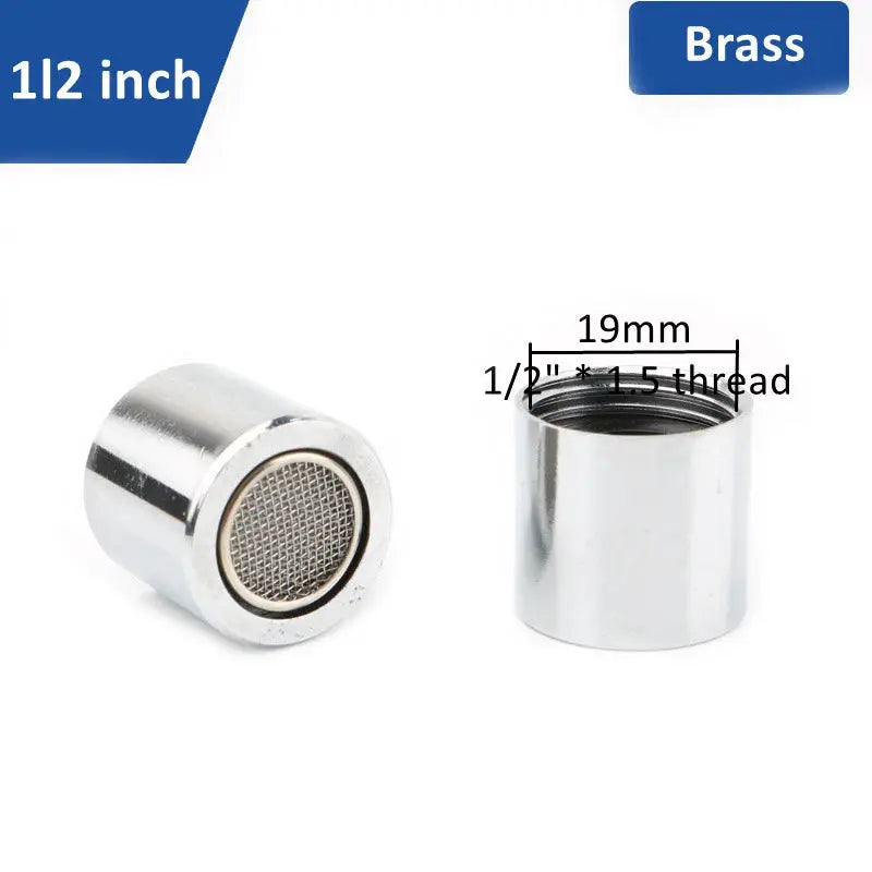 Brass faucet aerator with mesh bubbler, 1/2 inch thread, compact cylindrical housing
