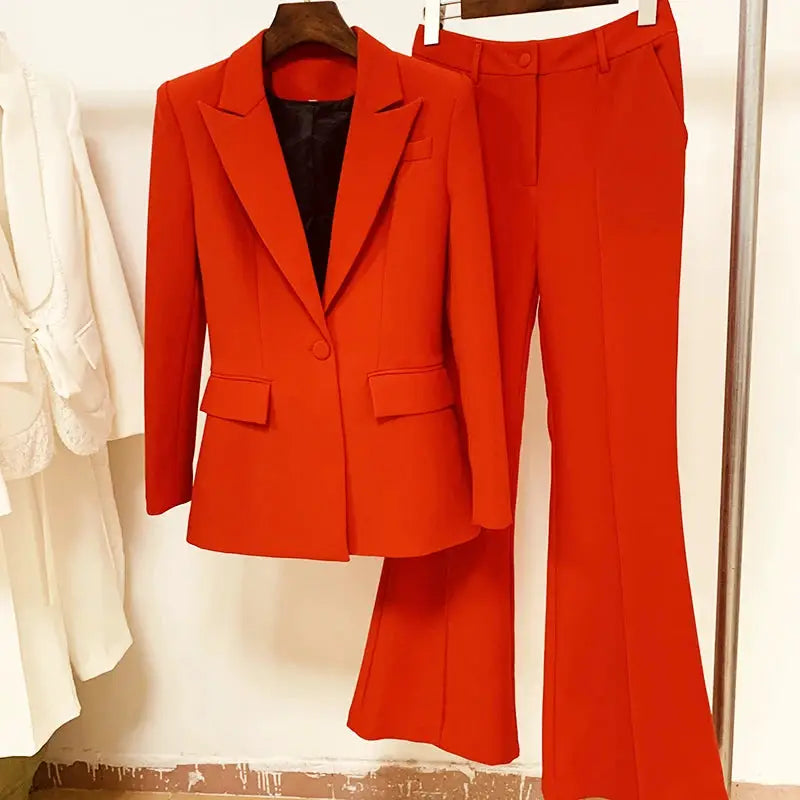 Simples Market 2-piece women's red blazer suit set with single-button blazer and flare pants