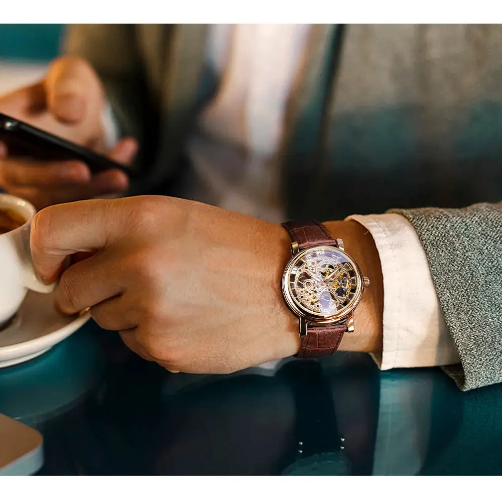 Winner Transparent Skeleton Mechanical Watch With Leather Strap See Through Dial Luxury Casual Timepiece
