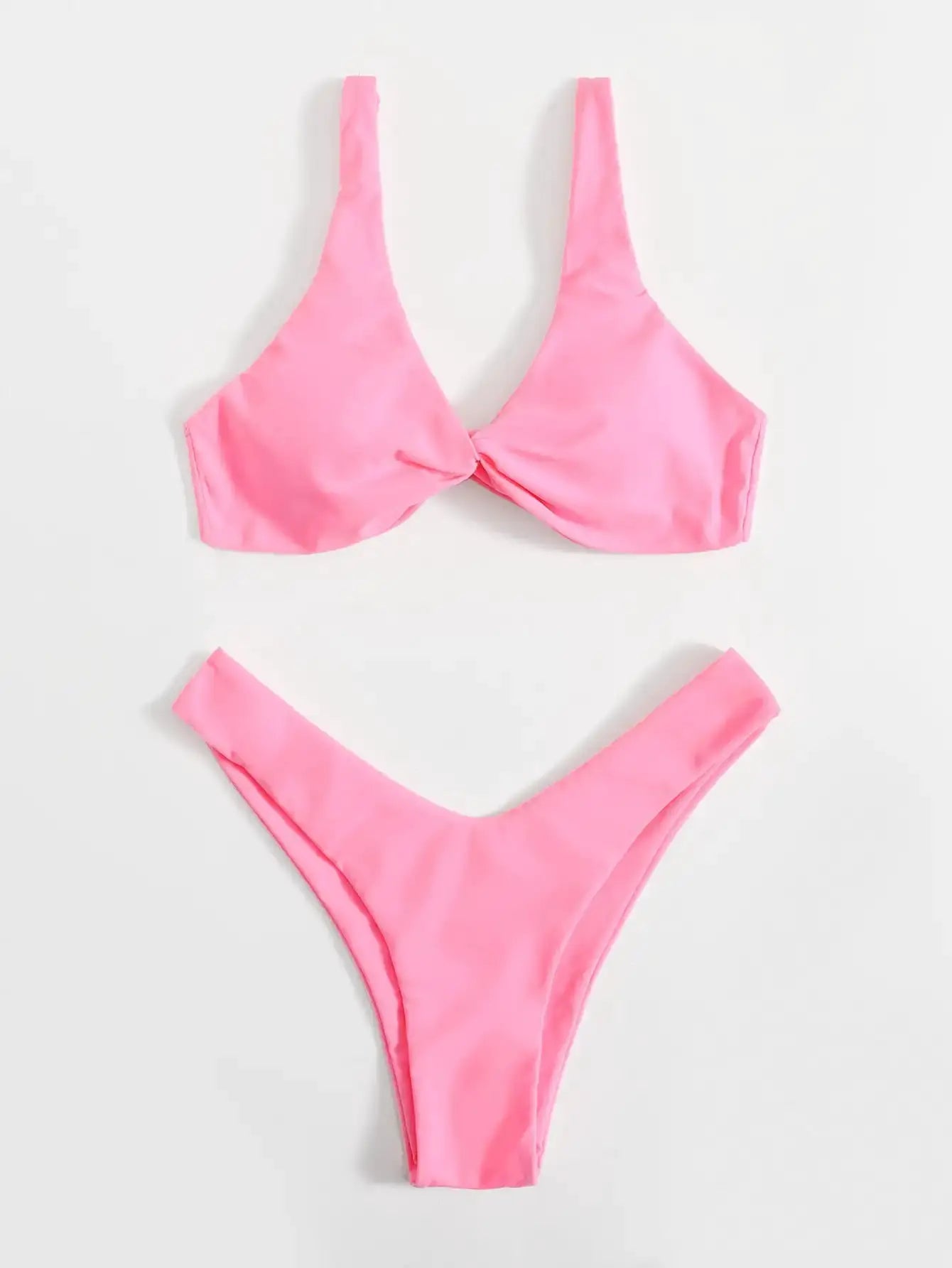 Pink solid bikini set with padded top and high-leg bottom, front knot detail for women