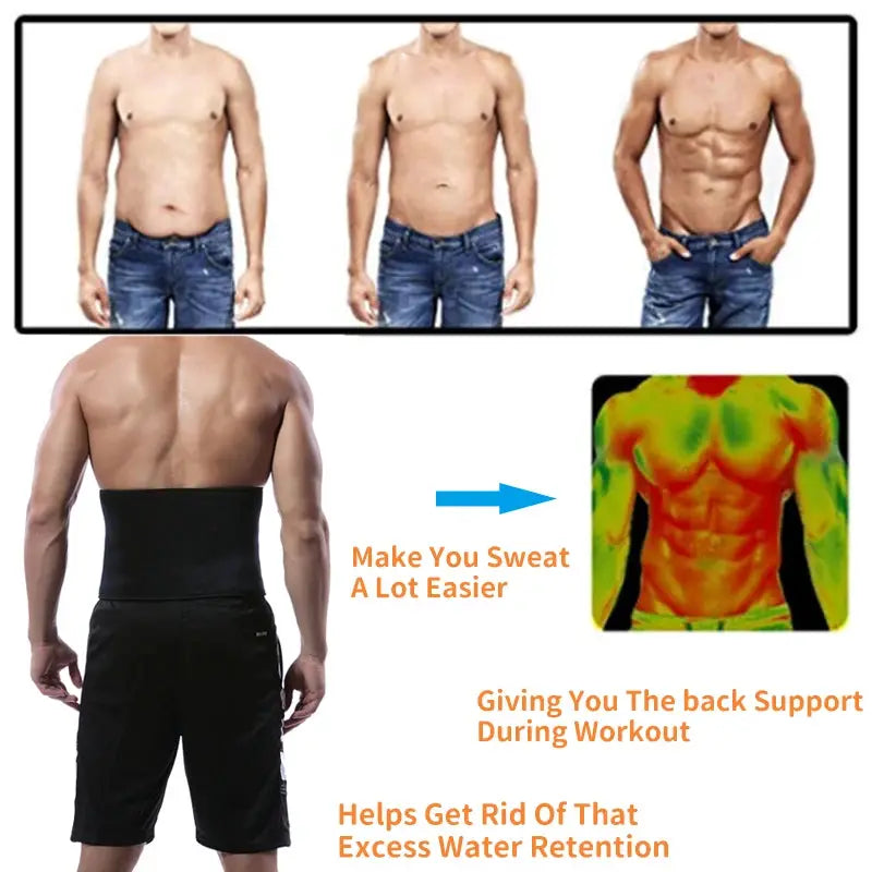 Simples Market sauna waist trainer belt for men, black cincher with back support; shown in 3 views