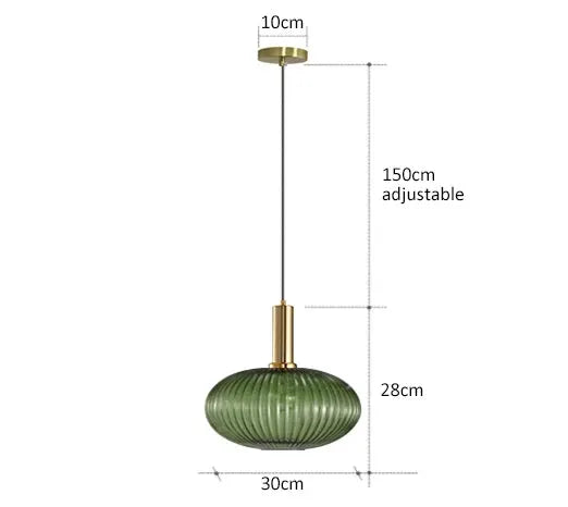 Simples Market retro green ribbed glass pendant lamp with brass fittings, 30 cm shade, adjustable 150 cm cord
