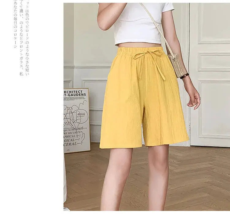 2026 women's cotton shorts, yellow, high-waist with drawstring and two pockets, loose fit