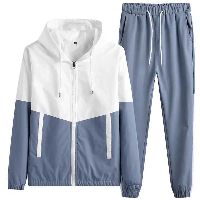 Simples Market men's 2-piece tracksuit set with colorblocked white/blue zip hoodie and matching jogger pants