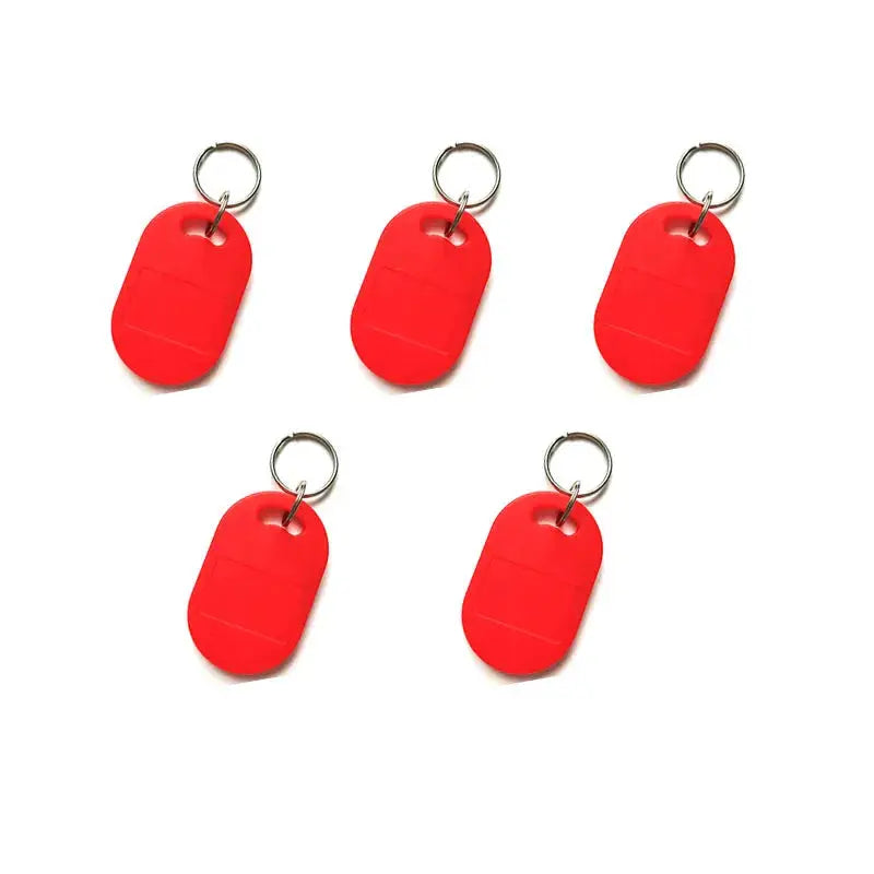 RFID keyfobs, 5 red IC+ID UID rewritable with metal rings