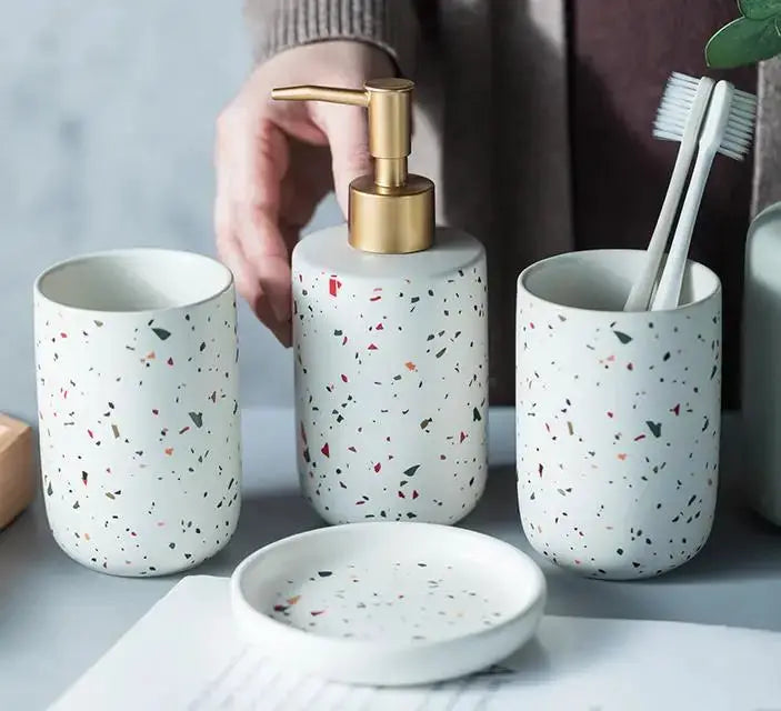 Simples Market 4-piece terrazzo ceramic European bathroom set: soap dispenser, toothbrush cup, tumbler, and soap dish.