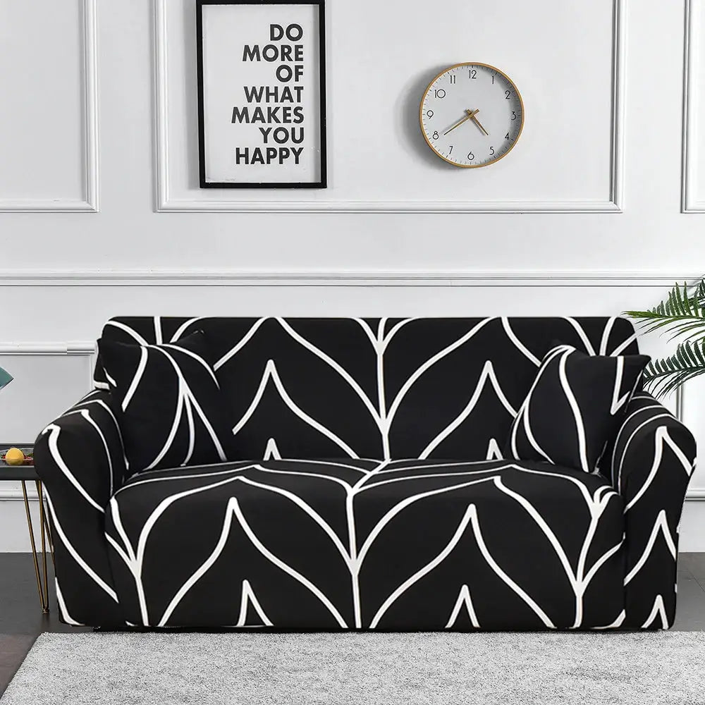 Sofa cover for L-shaped sofa, stretch elastic slipcover in black with white abstract pattern