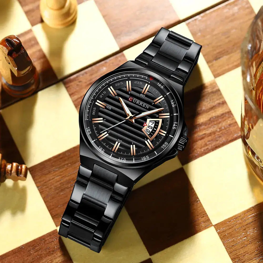 CURREN men's luxury watch with black stainless steel band, gold-tone markers, date window, in box