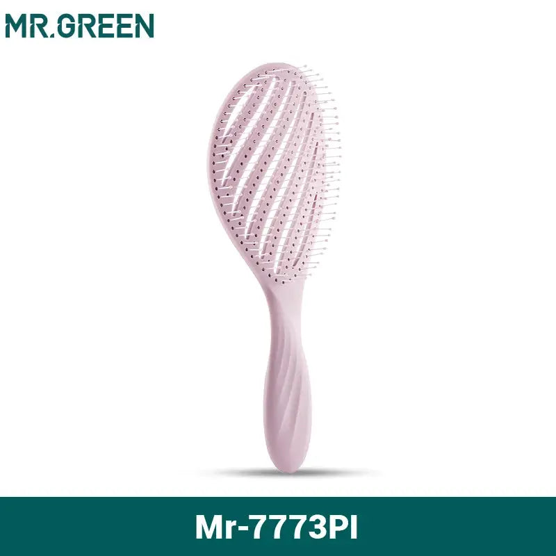 MR.GREEN pink hollow-out hair brush with scalp-massage bristles for detangling and fast drying