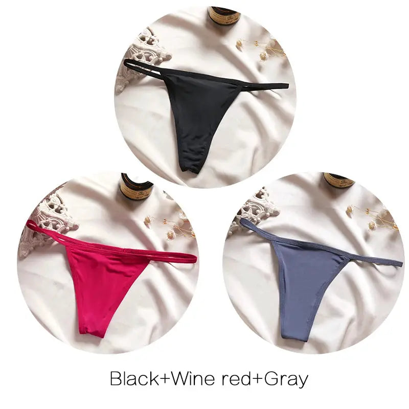 FINETOO 3-piece low-rise thong panty set in black, wine red and gray