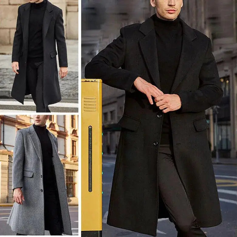 Simples Market men's wool coat, long black and gray overcoats shown in three views