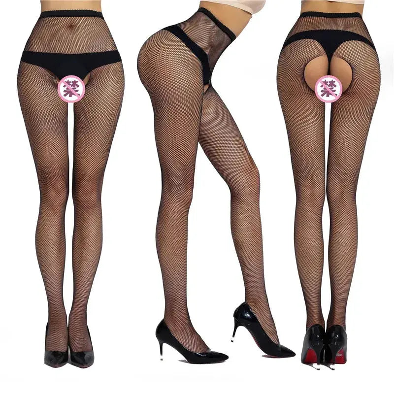VelvetAura Open Crotch Mesh Tights Crotchless Pantyhose High Waist Black Silk Fishnet