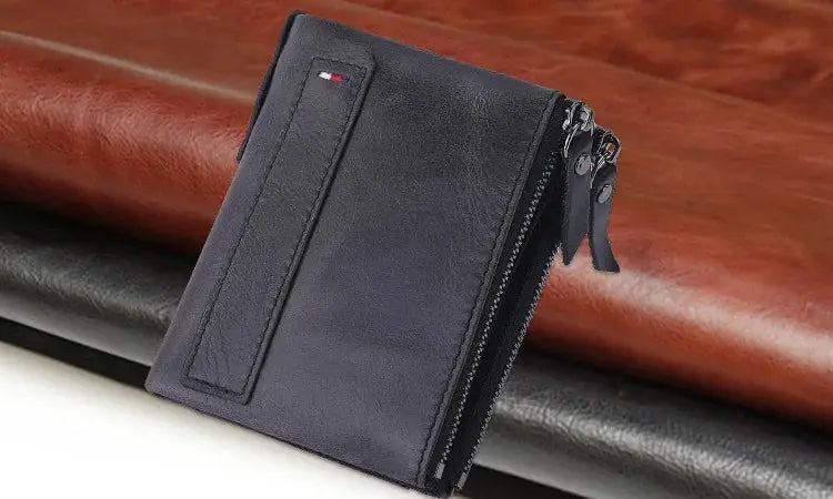 Simples Market men's zip-around leather wallet, navy blue short card holder