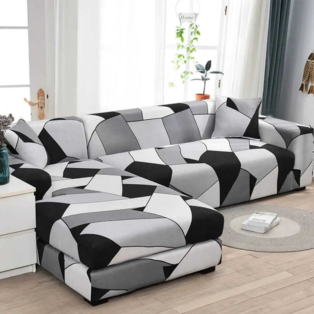 Sofa slipcover for L-shaped sectional in grayscale geometric print with elastic stretch, Simples Market