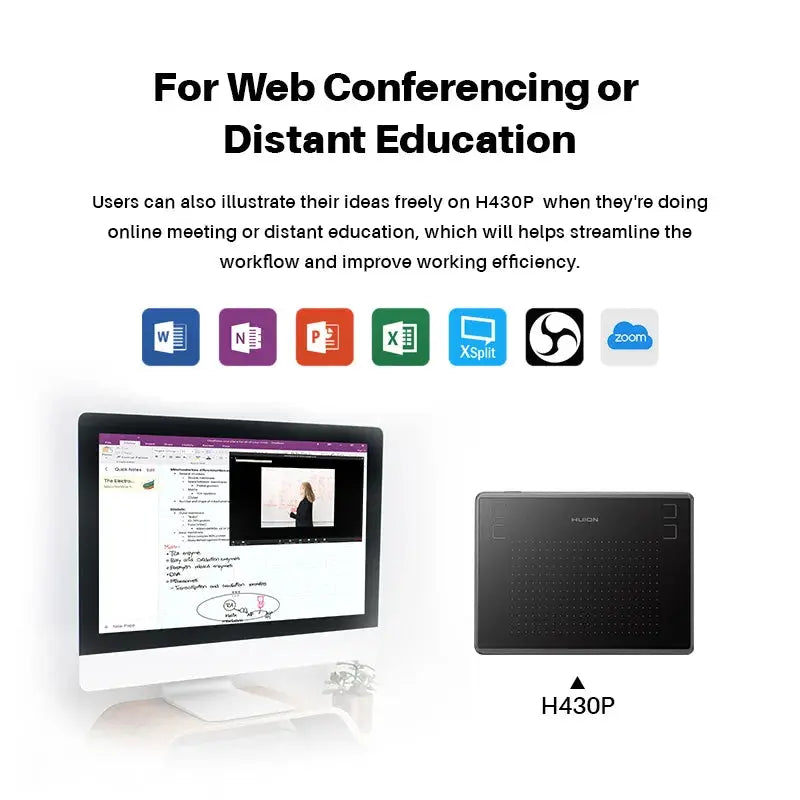 HUION H430P drawing tablet with battery-free pen; 2-item setup with a desktop monitor