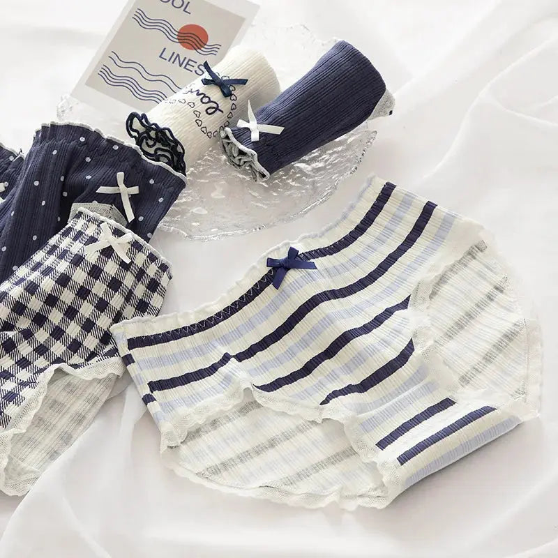 Simples Market cotton women's underwear; mid-rise seamless panties with bow accents in navy, striped and gingham