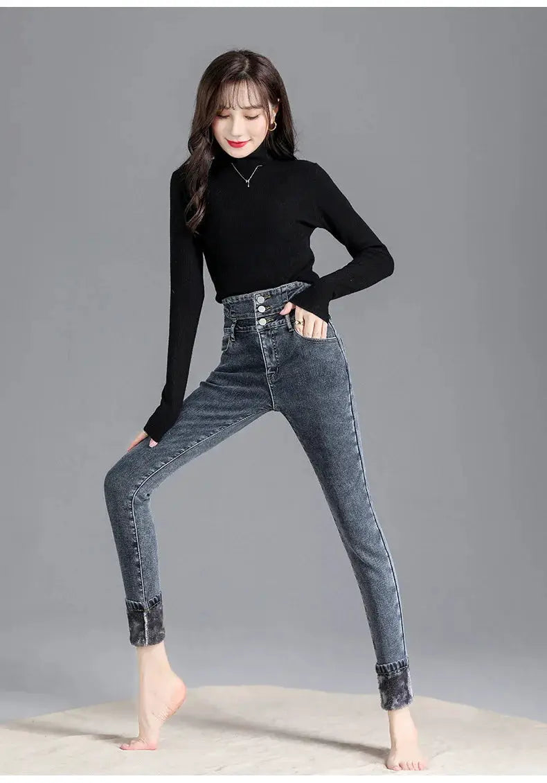 Thermal Winter Thick Fleece High Waist Stretch Skinny Jeans For Women