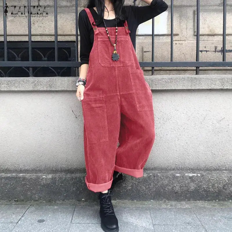Corduroy overalls for women by ZANZEA, red oversized bib jumpsuit with rolled cuffs, paired with black top and boots.