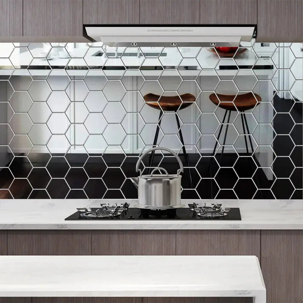 6/12pcs hexagon mirror wall sticker set; self-adhesive 3D mirror decals for kitchen backsplash, 126mm each.