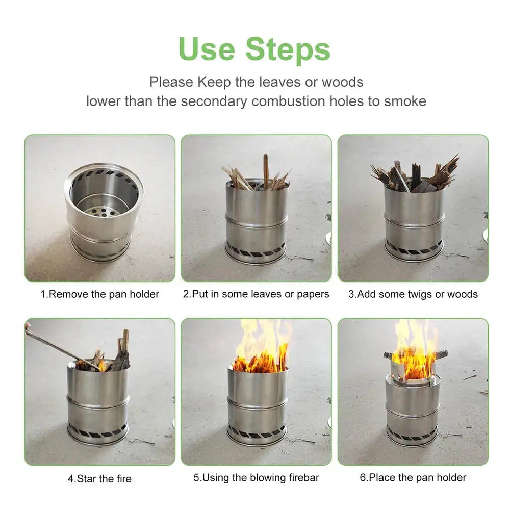 Portable stainless steel camping stove with a six-step use guide for building a fire.