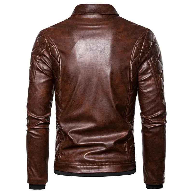 Men's brown leather motorcycle jacket with quilted shoulder panels, back view