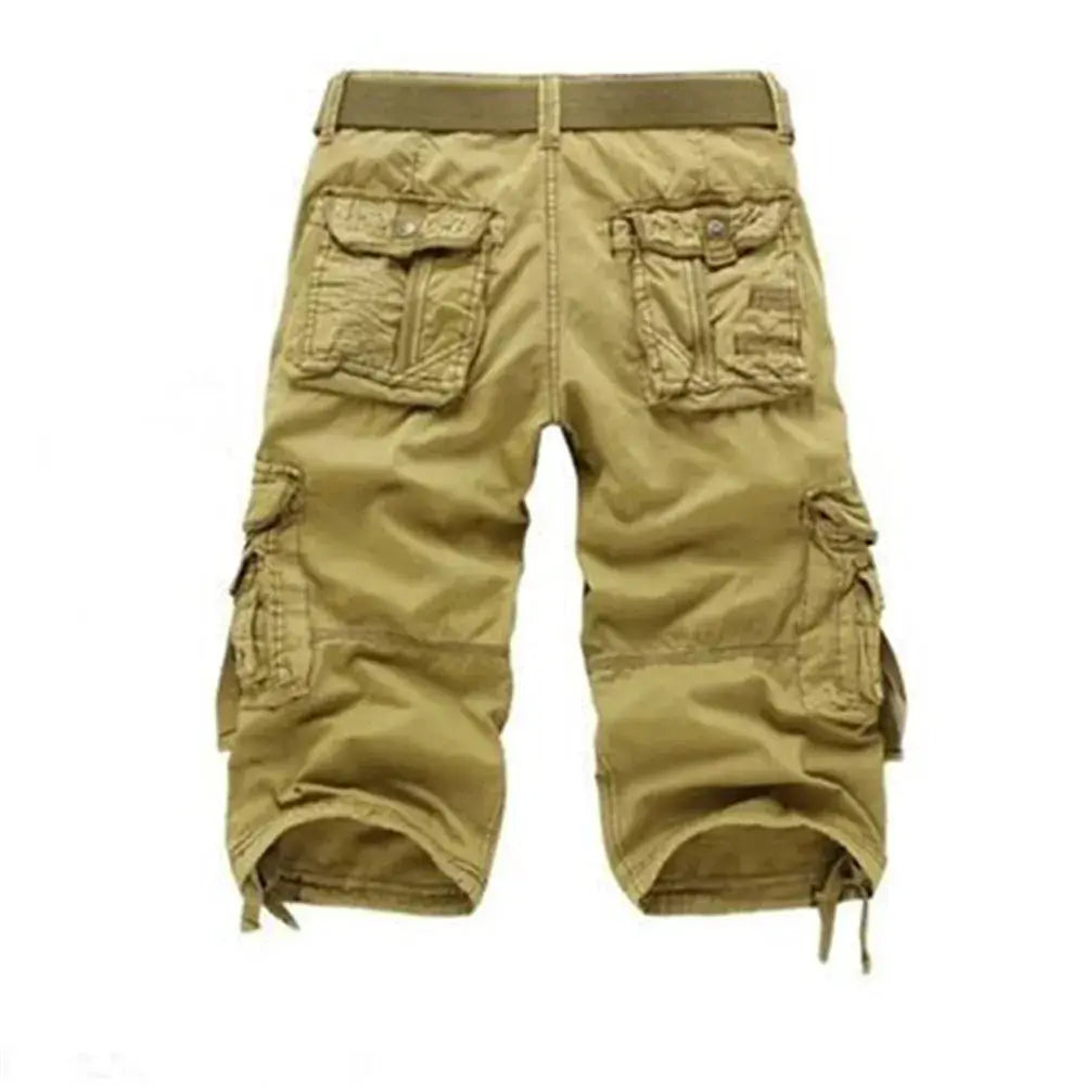 Men's khaki cargo shorts with multiple pockets, knee-length, casual summer style