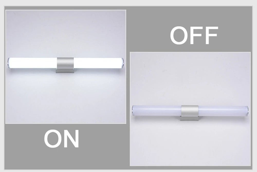 Simples Market bathroom LED mirror light bar; white tube with aluminum bracket, waterproof, 110–220V, ON/OFF shown