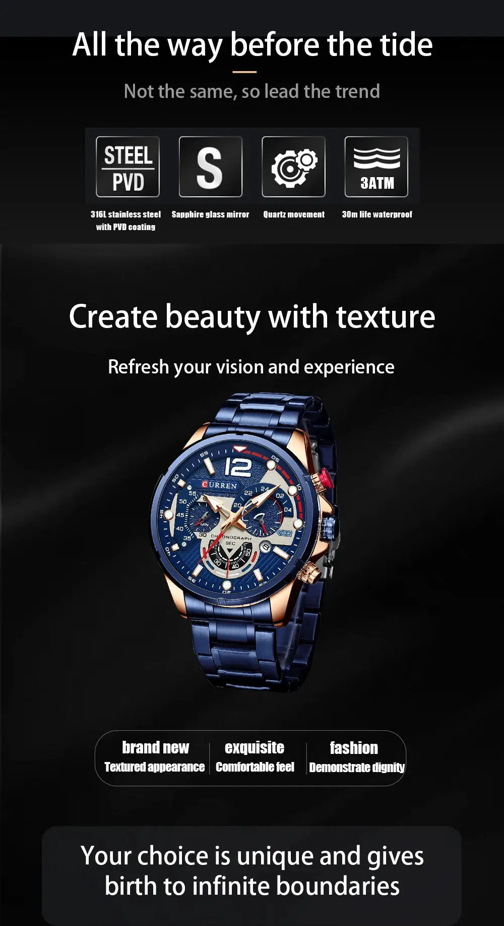 CURREN men's blue stainless steel chronograph wristwatch with rose-gold-tone case and 30m water resistance