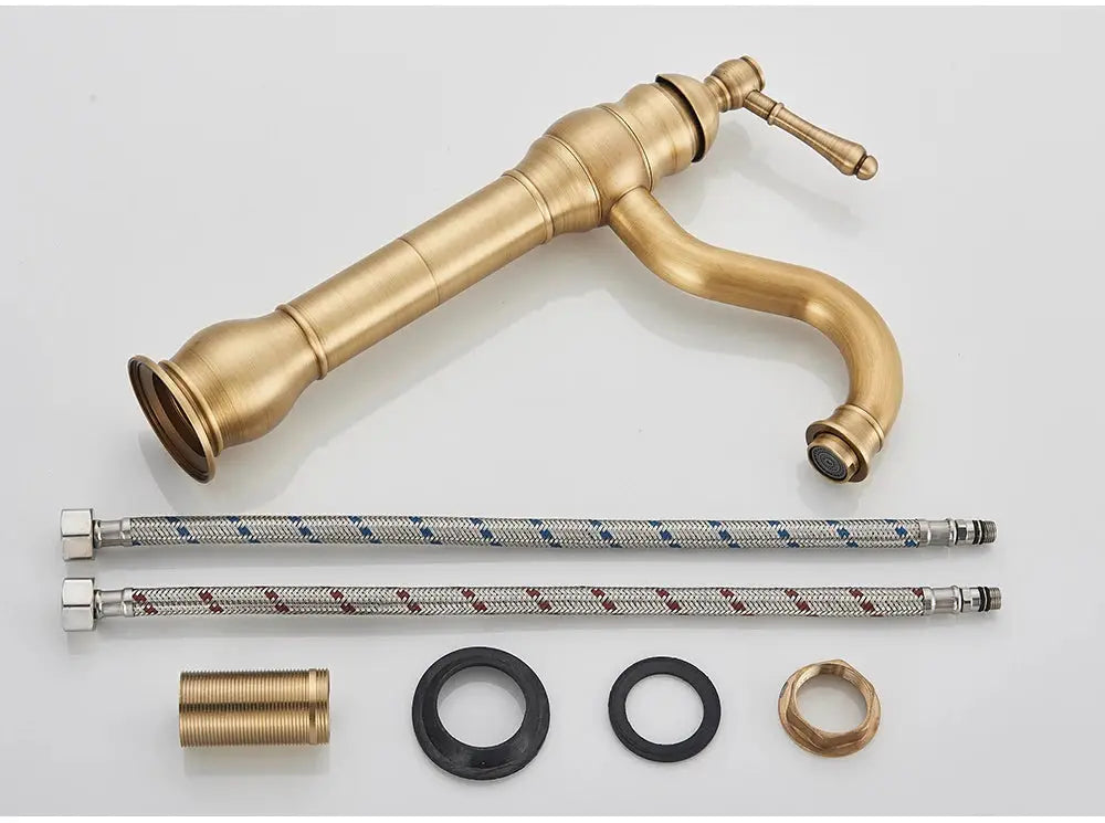 POIQIHY antique brass basin vessel faucet by Simples Market, deck-mounted single-hole with two braided supply lines