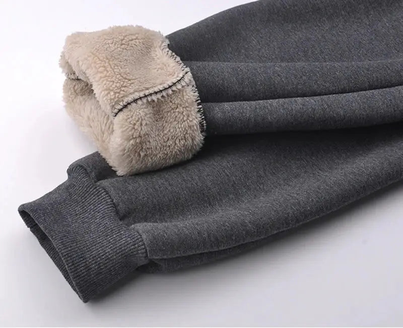 Winter fleece sweatpants for men, dark gray with beige sherpa lining at cuffs, plus sizes 6XL-8XL