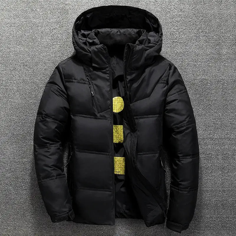 Men's black duck-down hooded jacket, warm padded puffer parka