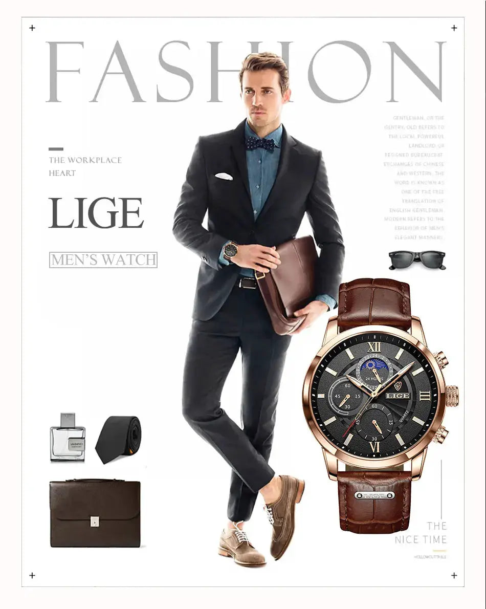 LIGE men's watch with brown leather strap and gold-tone case, chronograph dial.