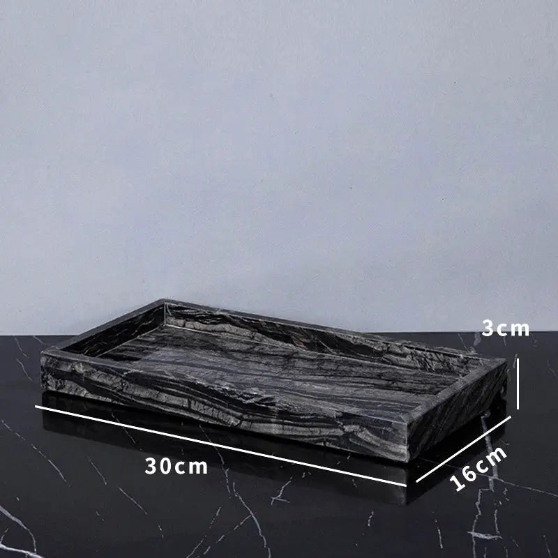 Simples Market bathroom tray in black marble with wood-grain texture, 30 cm by 16 cm by 3 cm