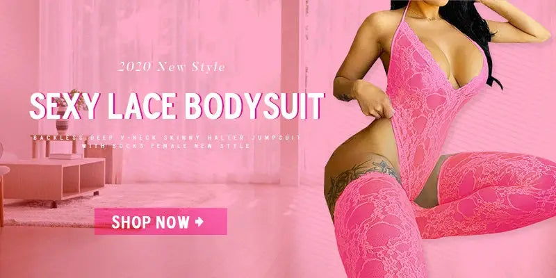 Sexy lace bodysuit on model in pink lingerie against a pink backdrop