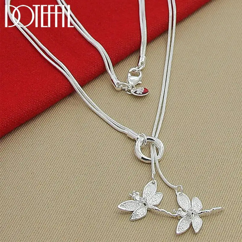DOTEFFIL 925 Sterling Silver Two Dragonfly Pendant Necklace For Women Snake Chain Wedding Engagement Jewelry