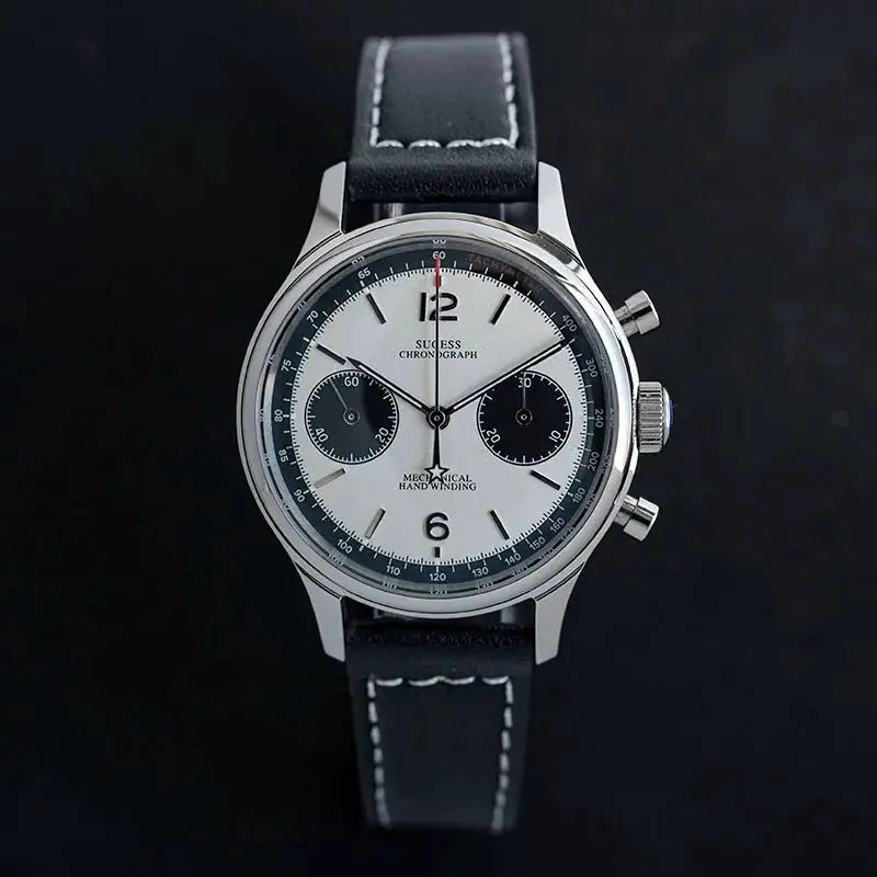 Sugess 1963 Pilot Panda chronograph wristwatch; white dial, black subdials, steel case, black leather strap