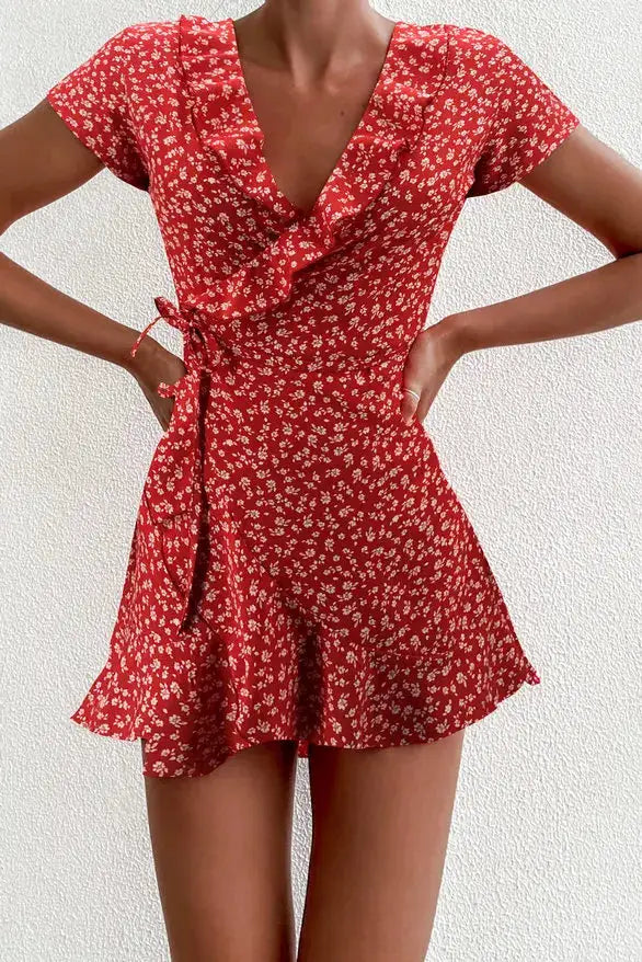 Summer Floral A Line Dress For Women V Neck Ruffles Mini Dress